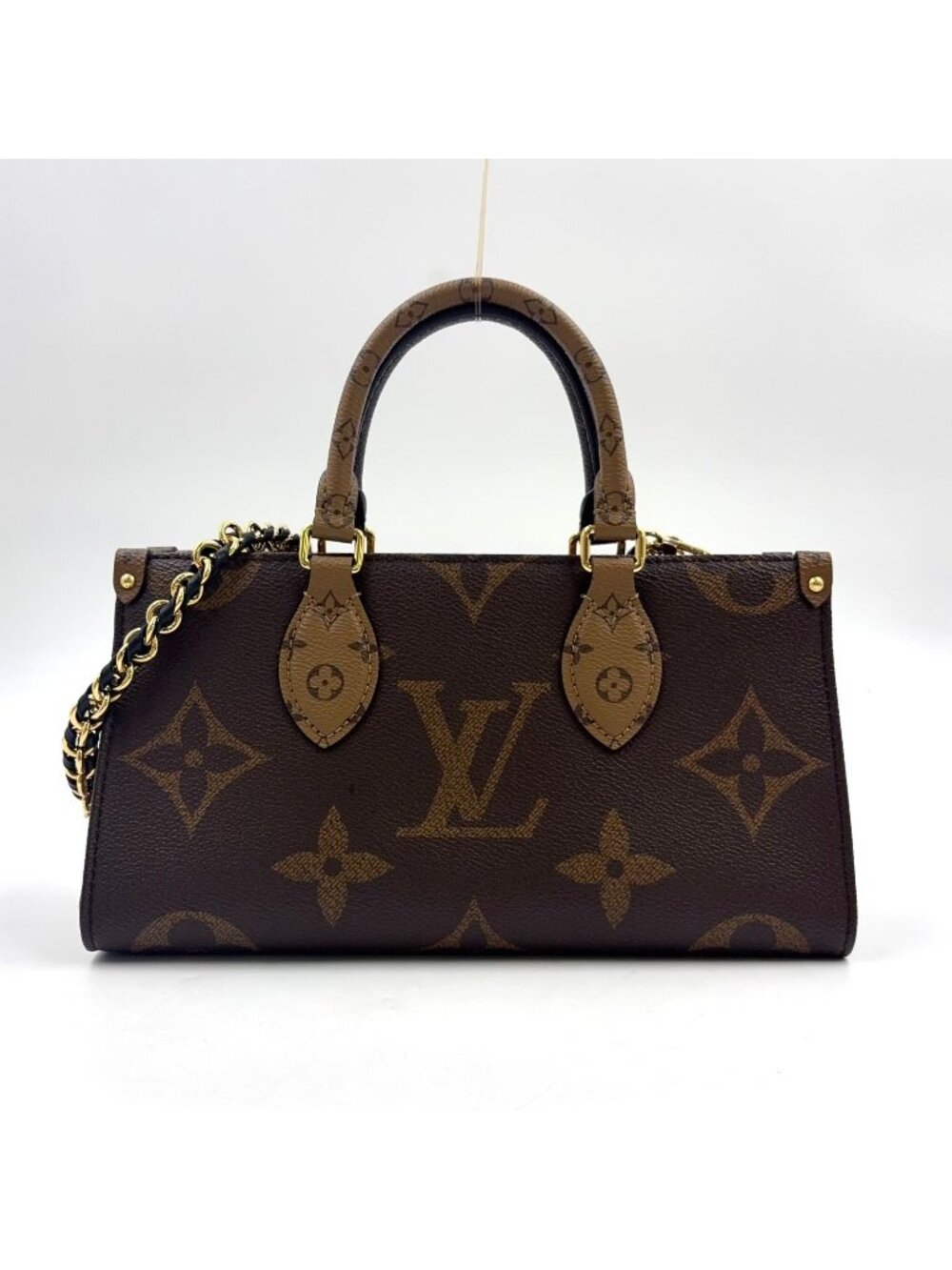Louis Vuitton on the Go East West 2-Way Chain Shoulder Black Beige Handbag Gold